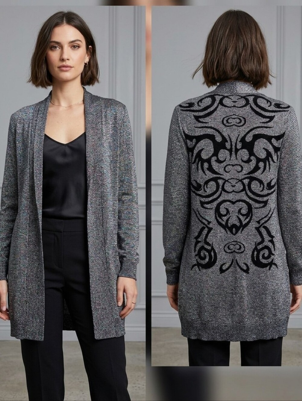 Belldini Metallic Silver Shimmer Cardigan with Intricate Graphic Back Detail, S